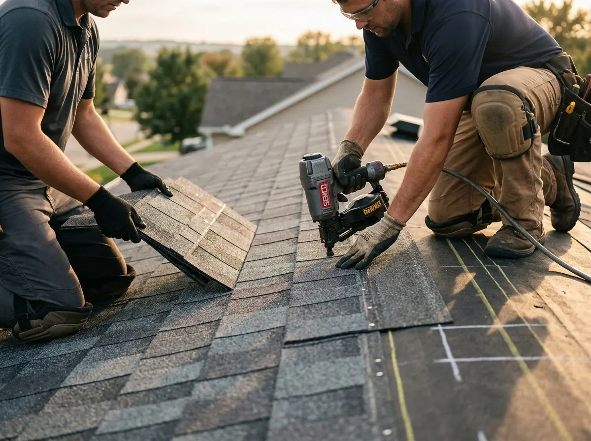 Professional roofer working on a residential roof in Allouez